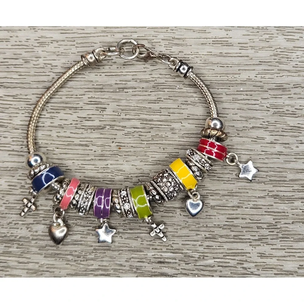 Colorful enamelCharm Bead Bracelet Silver Tone Heart Cross Star 8 Inch